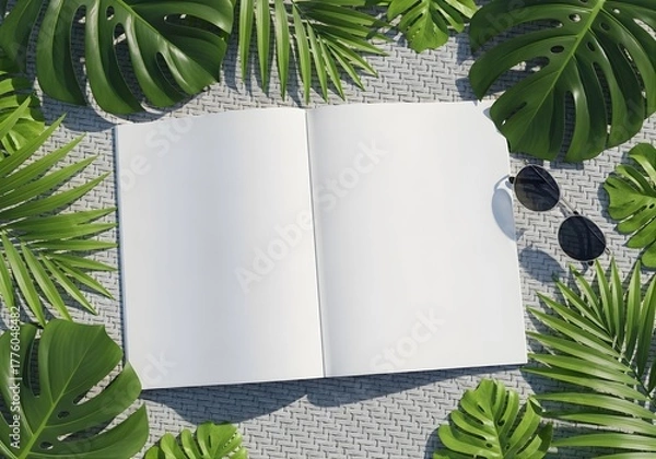 Fototapeta Blank magazine on rattan surface with tropical leaves and sunglasses, bright summer outdoor lifestyle setup
