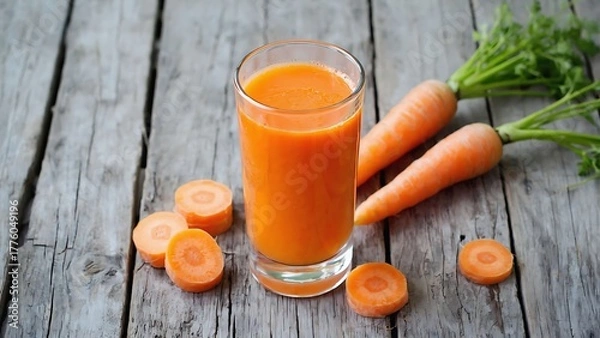 Fototapeta Fresh carrot juice on a wooden table, a healthy and vibrant beverage, rich in vitamins and nutrients, perfect for a refreshing start
