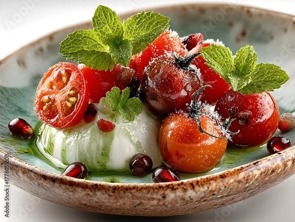 Obraz Fresh and vibrant appetizer with tomatoes, mozzarella, and pomegranate seeds, garnished with mint.