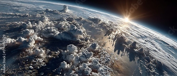 Obraz Sunrise over Earth's atmosphere, casting golden light on swirling clouds.