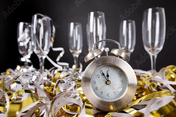Fototapeta clock with champagne silvester new year party