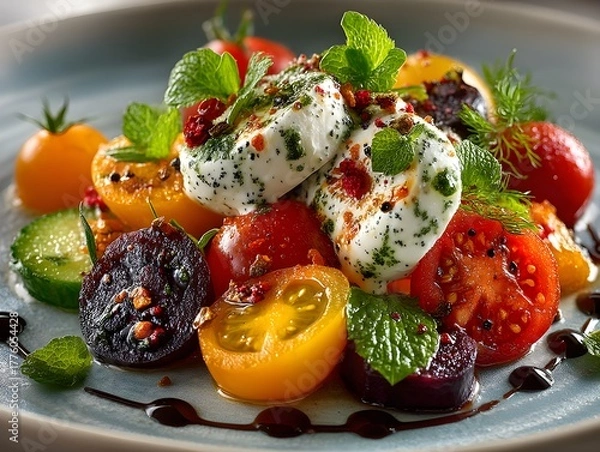 Obraz Vibrant and fresh caprese salad with colorful tomatoes and creamy mozzarella, garnished with herbs.