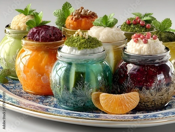 Obraz Assortment of colorful, gourmet desserts in small glass jars, beautifully garnished with herbs and fruits.