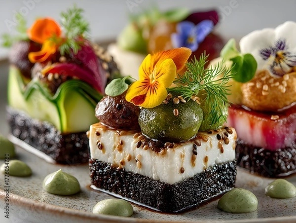 Obraz Artfully prepared gourmet appetizers with fresh edible flowers and delicate garnishes