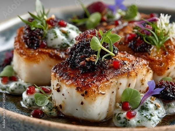 Obraz Gourmet seared scallops with caviar and microgreens, a luxurious seafood appetizer