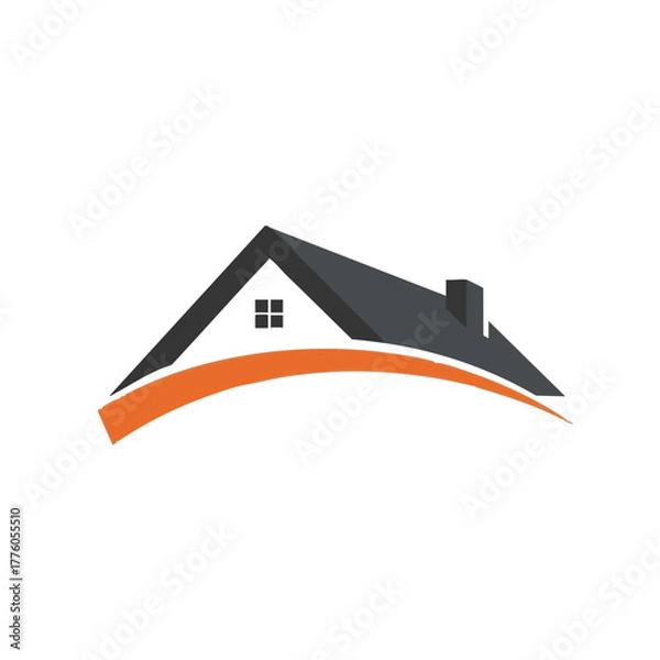 Fototapeta A modern minimalist house logo design, featuring a stylized roof with an orange arc, perfect for real estate and construction.