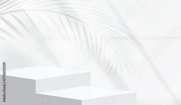 Obraz Abstract 3D shape podium with soft tropical leaf shadows and gentle light reflections. Display pedestal mockup minimal scene empty stage for presentation product cosmetic, stand, showcase, exhibition
