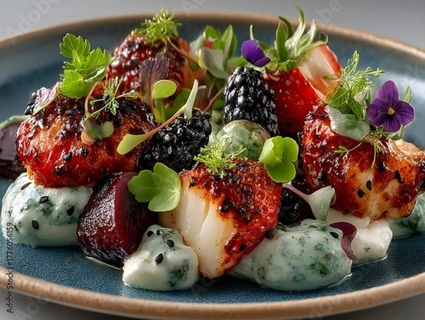 Obraz Gourmet seafood dish with berries and vibrant greens, artfully presented on a plate.