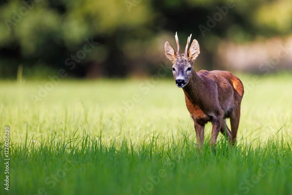 Obraz Roe deer buck (Capreolus capreolus) in closeup portrait on lush green meadow, velvet antlers, alert expression and fine detail, vivid summer wildlife scene.