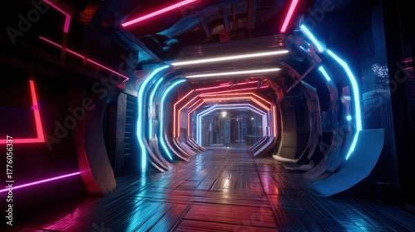 Fototapeta Futuristic illuminated corridor with colorful neon lights