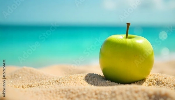 Obraz A vibrant green apple on the beach sand with sea and sky in the background. Perfect mix of freshness, summer, and healthy lifestyle concepts.