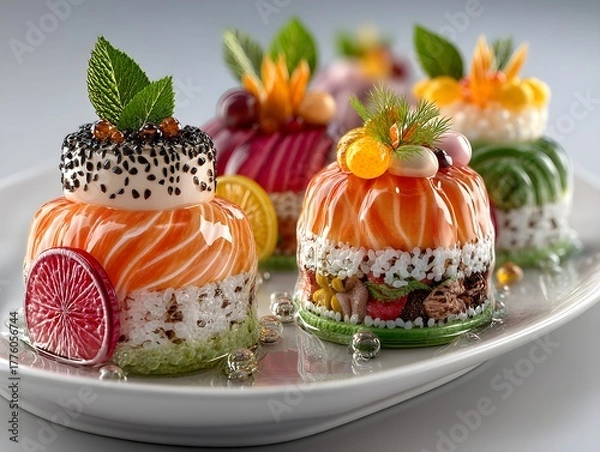 Obraz Artfully crafted sushi desserts served on a white platter, a delightful culinary masterpiece.
