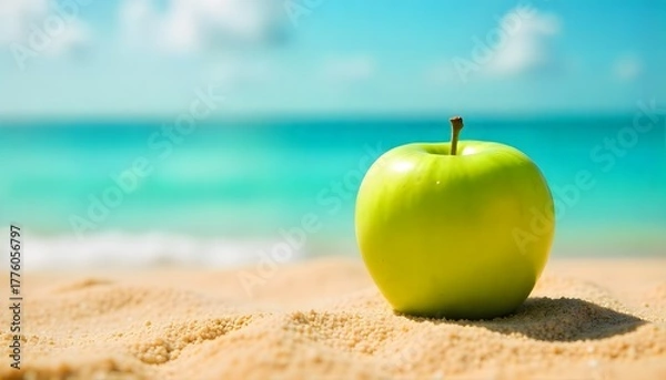 Obraz A vibrant green apple on the beach sand with sea and sky in the background. Perfect mix of freshness, summer, and healthy lifestyle concepts.