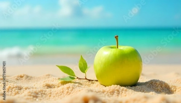 Obraz A vibrant green apple on the beach sand with sea and sky in the background. Perfect mix of freshness, summer, and healthy lifestyle concepts.