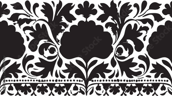 Fototapeta Black and white floral vector border design, ornamental decorative element eps silhouette