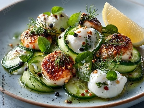 Obraz Fresh scallops and mozzarella salad with cucumber, herbs, and lemon, a light and elegant appetizer.