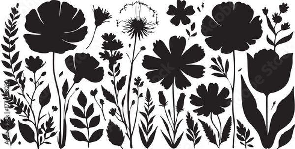 Obraz Black and white flower silhouettes vector illustration: floral design elements eps