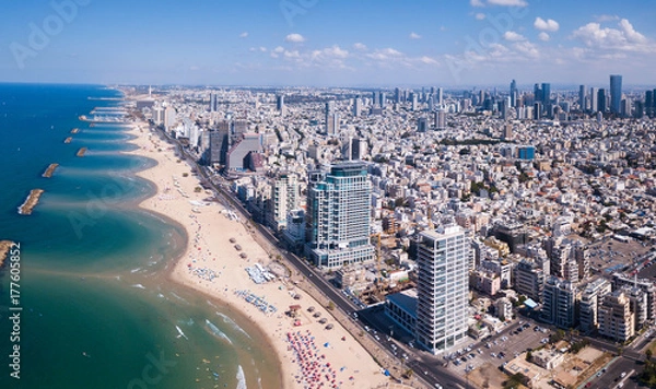 Obraz Tel Aviv skyline off the shore of the Mediterranean sea - Panoramic aerial image