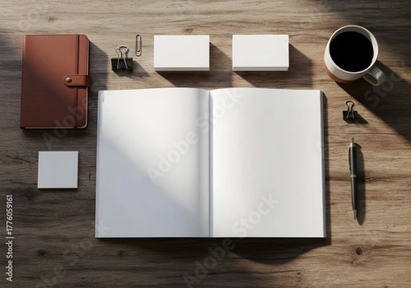 Fototapeta Open magazine surrounded by stationery, notebook, and pen on a wooden table, top view, daylight composition