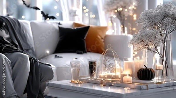 Fototapeta Cozy living room scene featuring elegant decor with candles, pumpkins, and flowers, creating a warm atmosphere for autumn gatherings and festive celebrations