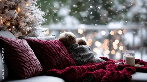 Fototapeta Two children snuggled together on a cozy couch, wrapped in a warm blanket, gazing out at falling snowflakes and twinkling lights from a decorated Christmas tree