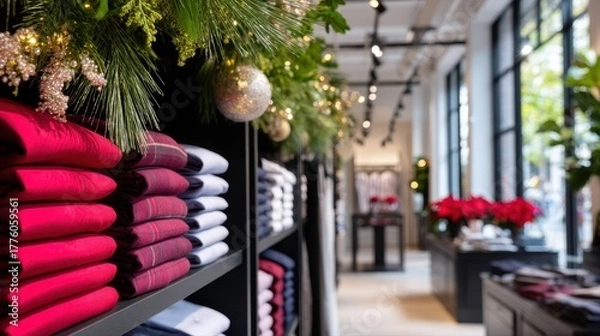 Fototapeta Colorful display of neatly folded clothing in a retail store, featuring red, white, and navy garments, adorned with festive decorations and bright lighting, creating a warm shopping atmosphere