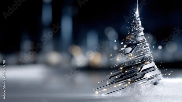 Fototapeta Abstract Christmas tree composed of metallic elements and sparkling lights, set against a blurred winter background, creating a festive and modern holiday atmosphere