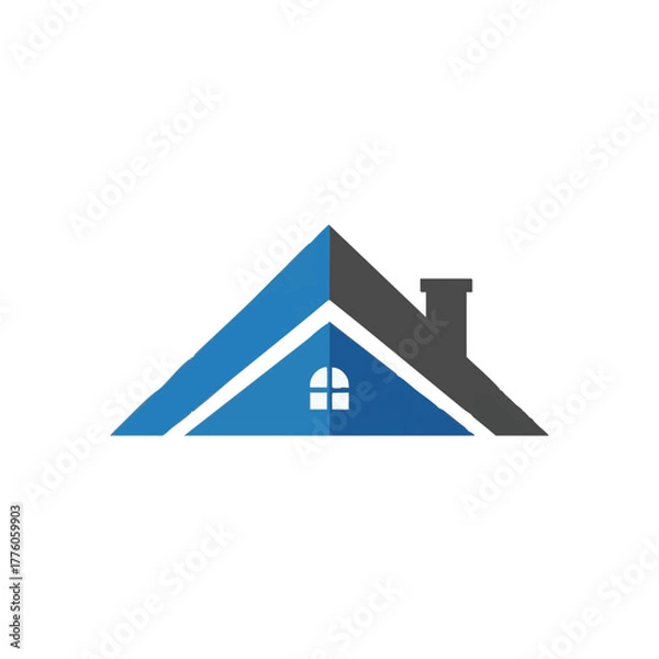 Fototapeta A modern, minimalist house logo design, featuring a blue roof and a chimney, perfect for real estate businesses and property ventures.