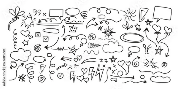 Obraz Line cute element set. Hand-drawn sketch doodle style arrow, cloud, star with marker stroke pencil highlight. Doodle sketch heart, star, cloud cartoon sticker shapes