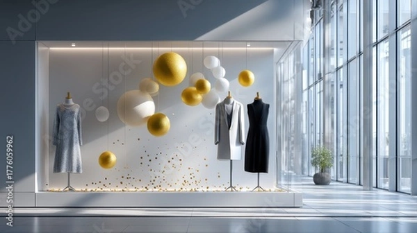 Fototapeta Fashion display featuring elegant garments on mannequins, surrounded by colorful spheres and decorative elements, creating a modern retail atmosphere with vibrant visual appeal