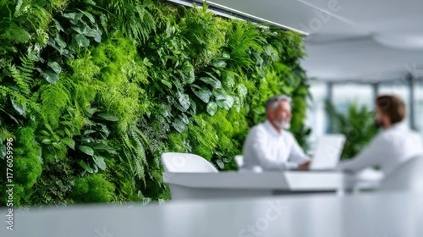 Fototapeta Two professionals engaged in discussion at a modern workspace featuring a vibrant green living wall, showcasing a blend of nature and contemporary design elements in a collaborative environment