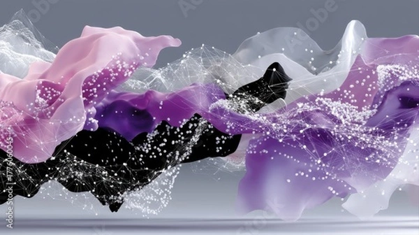 Fototapeta Abstract digital illustration featuring flowing waves of pink, purple, and black colors intertwined with glowing particles, creating a dynamic and vibrant visual experience for modern design concepts