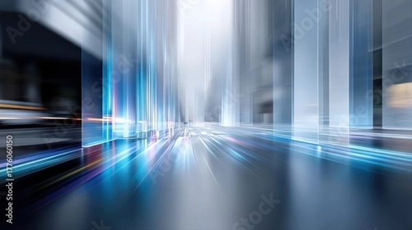 Fototapeta Abstract futuristic cityscape with dynamic light trails and glass structures, creating a sense of speed and innovation in a modern urban environment