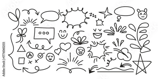 Obraz Line cute element set. Hand-drawn sketch doodle style arrow, cloud, star with marker stroke pencil highlight. Doodle sketch heart, star, cloud cartoon sticker shapes