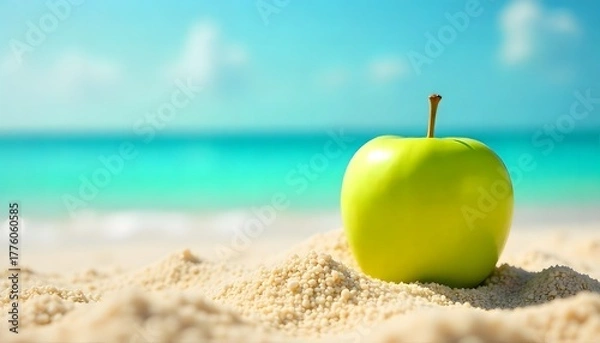 Fototapeta A vibrant green apple on the beach sand with sea and sky in the background. Perfect mix of freshness, summer, and healthy lifestyle concepts.