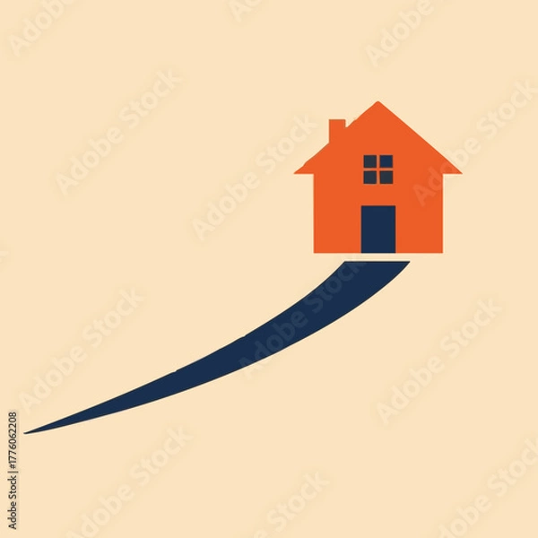 Fototapeta An abstract illustration depicts a stylized orange house with a dark blue curved path, symbolizing a journey or growth on a light background.
