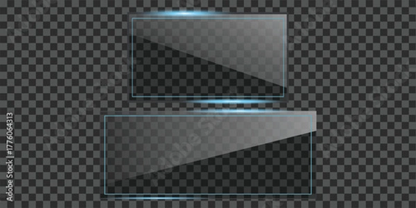 Fototapeta Two realistic glass frames or blank banners with blue light reflection, isolated on a transparent checker background. Modern clear acrylic or plexiglass boards with shadow effect.