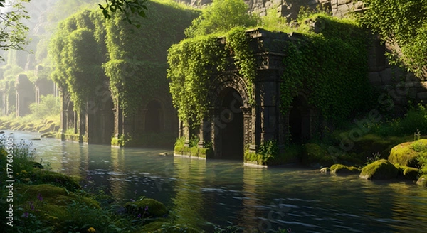 Fototapeta Serene waterway amidst ancient ruins, overgrown with lush vegetation and vibrant greenery