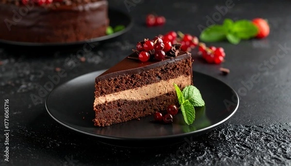 Obraz A slice of decadent chocolate cake with berries and mint, sitting atop a dark plate against a textured background