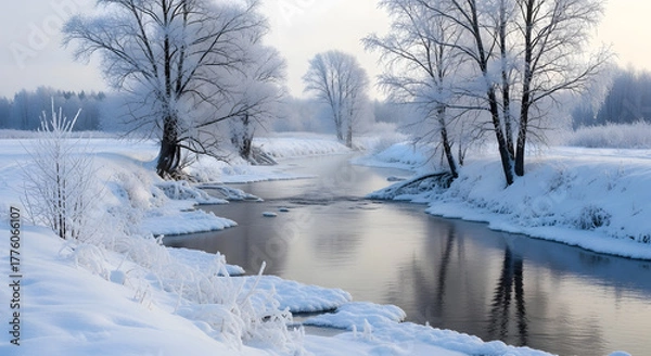 Fototapeta Serene winter river landscape with snow-covered banks and frosted trees