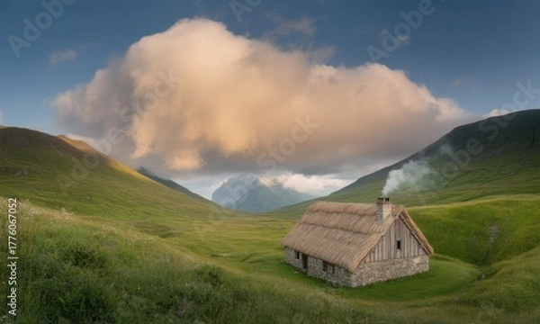 Fototapeta Quaint stone cottage with thatched roof in green valley, dramatic cloudscape above