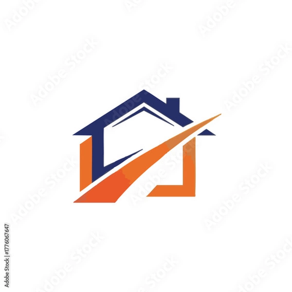 Fototapeta A modern house logo design featuring a stylized roof with a checkmark, symbolizing home improvement, real estate, and property solutions on a white background.