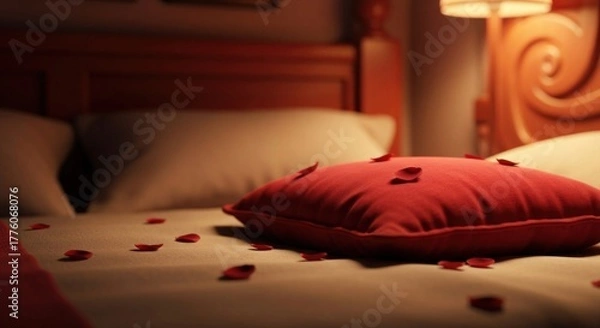 Fototapeta Romantic bedroom scene featuring a bed with red pillow and scattered rose petals