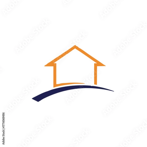 Fototapeta A minimalist logo features a stylized orange house silhouette above a blue curved line, representing home and security concepts.