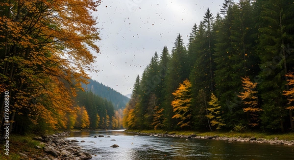 Fototapeta Tranquil river flowing through a colorful autumnal forest landscape scene