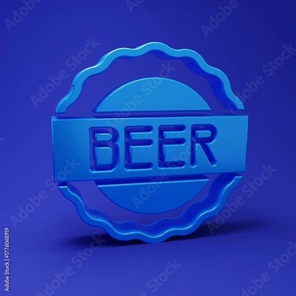Fototapeta Blue Bottle cap with inscription beer icon isolated on blue background. Minimalism concept. 3D render illustration