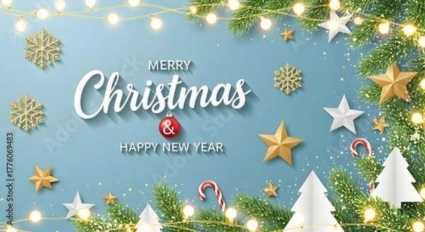 Fototapeta Merry christmas and happy new year greeting card with decorations