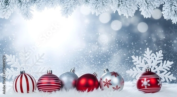 Fototapeta Christmas ornaments and snowflakes on snowy background with bokeh