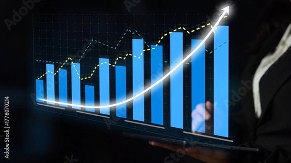Fototapeta This image showcases a business growth visualization featuring blue bar graphs and a line chart against a dark background, perfect for financial analysis and market insights. Copula