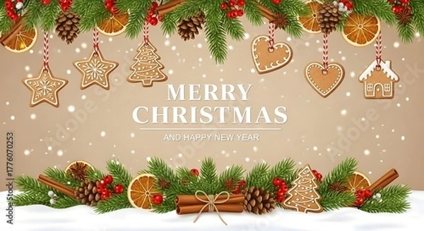 Fototapeta Merry christmas gingerbread cookies and decorations on beige background